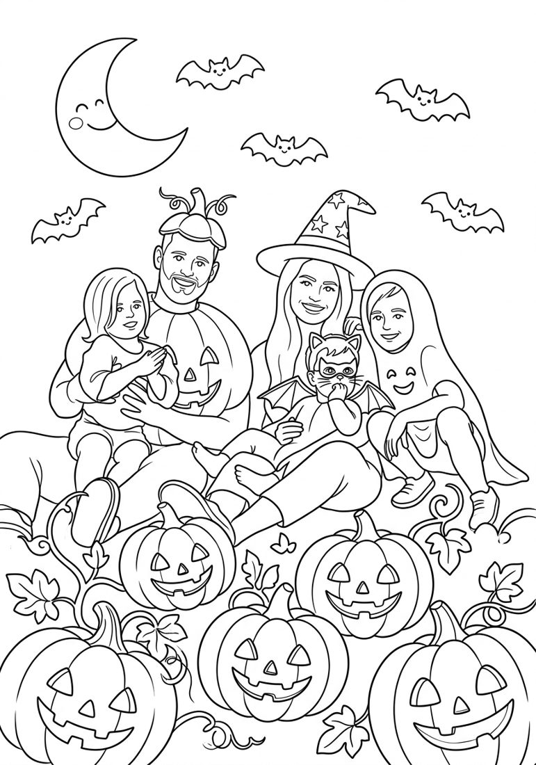 Desenho para colorir de uma família mascarada para o Halloween, com abóboras e morcegos simpáticos