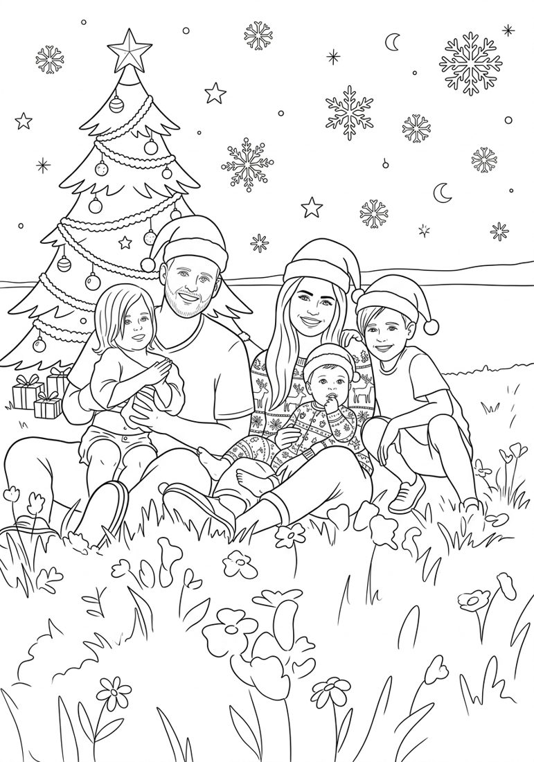 Desenho para colorir de uma família com gorros de Pai Natal junto à árvore de Natal